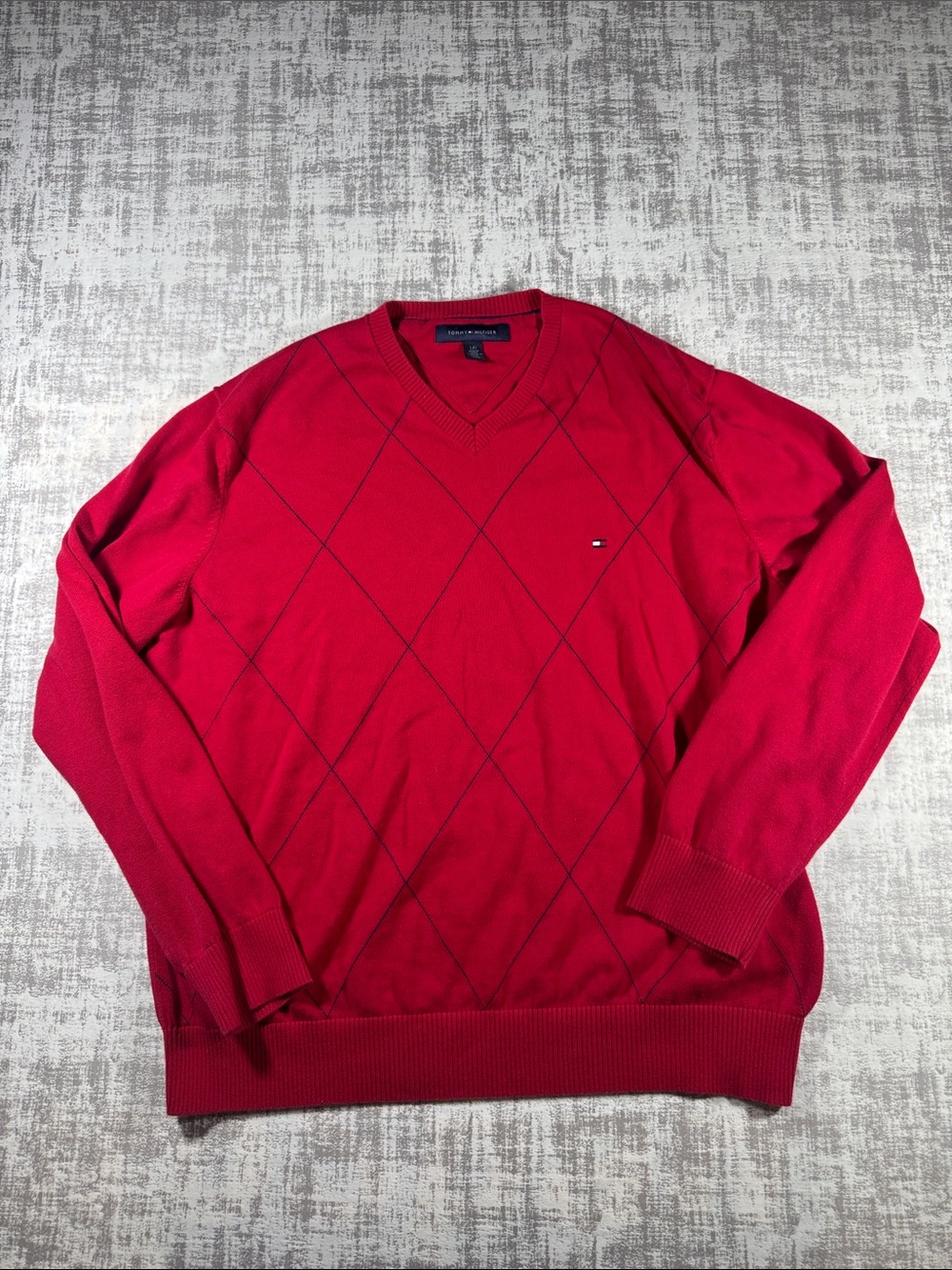 Tommy Hilfiger Men's Red V-Neck Diamond-Stitch Sweater sz L 25.5X23.5PTP